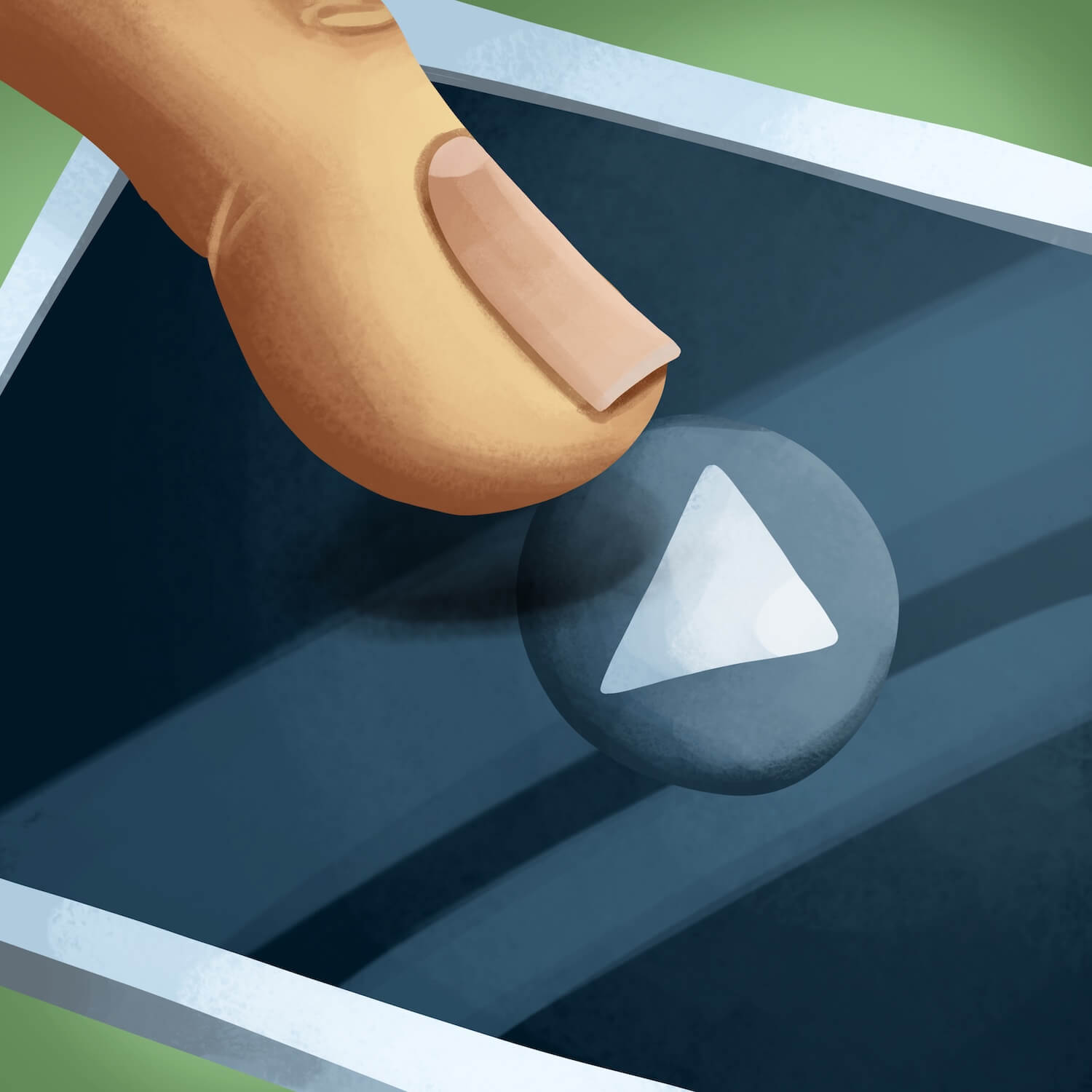 Finger hovering over the play button on a tablet