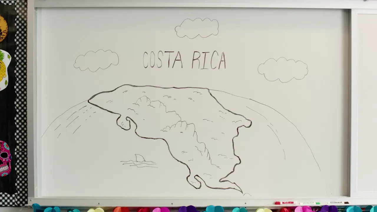 A classroom whiteboard illustration transforms into an animated Costa Rica scene in ¿Cómo se dice?