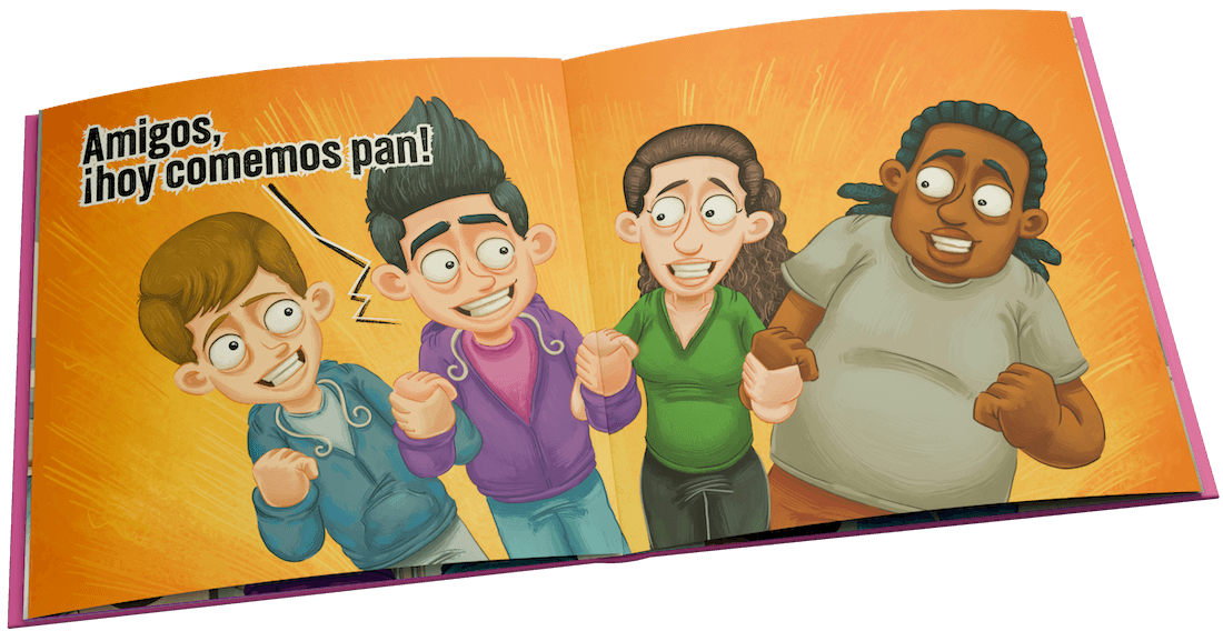 Two-page illustrated spread from Mundo de pan