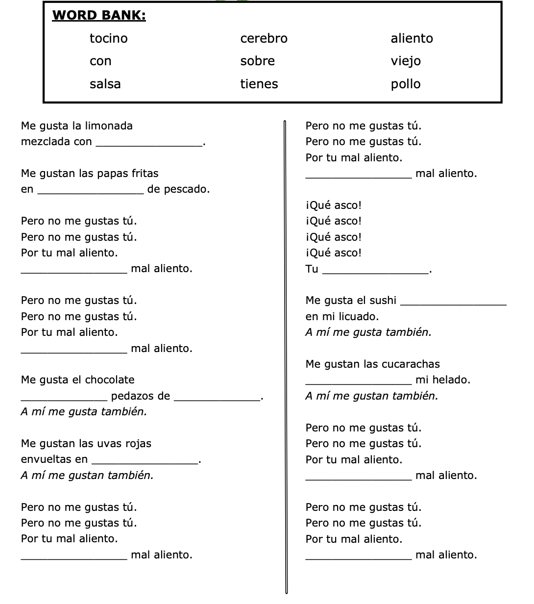 Cloze activity for the Se&ntilde;or Wooly Spanish music video &iexcl;Qu&eacute; asco!
