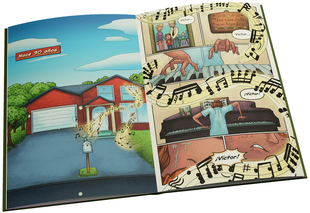 An open Se&ntilde;or Wooly Spanish graphic novel showing a two-page illustrated spread