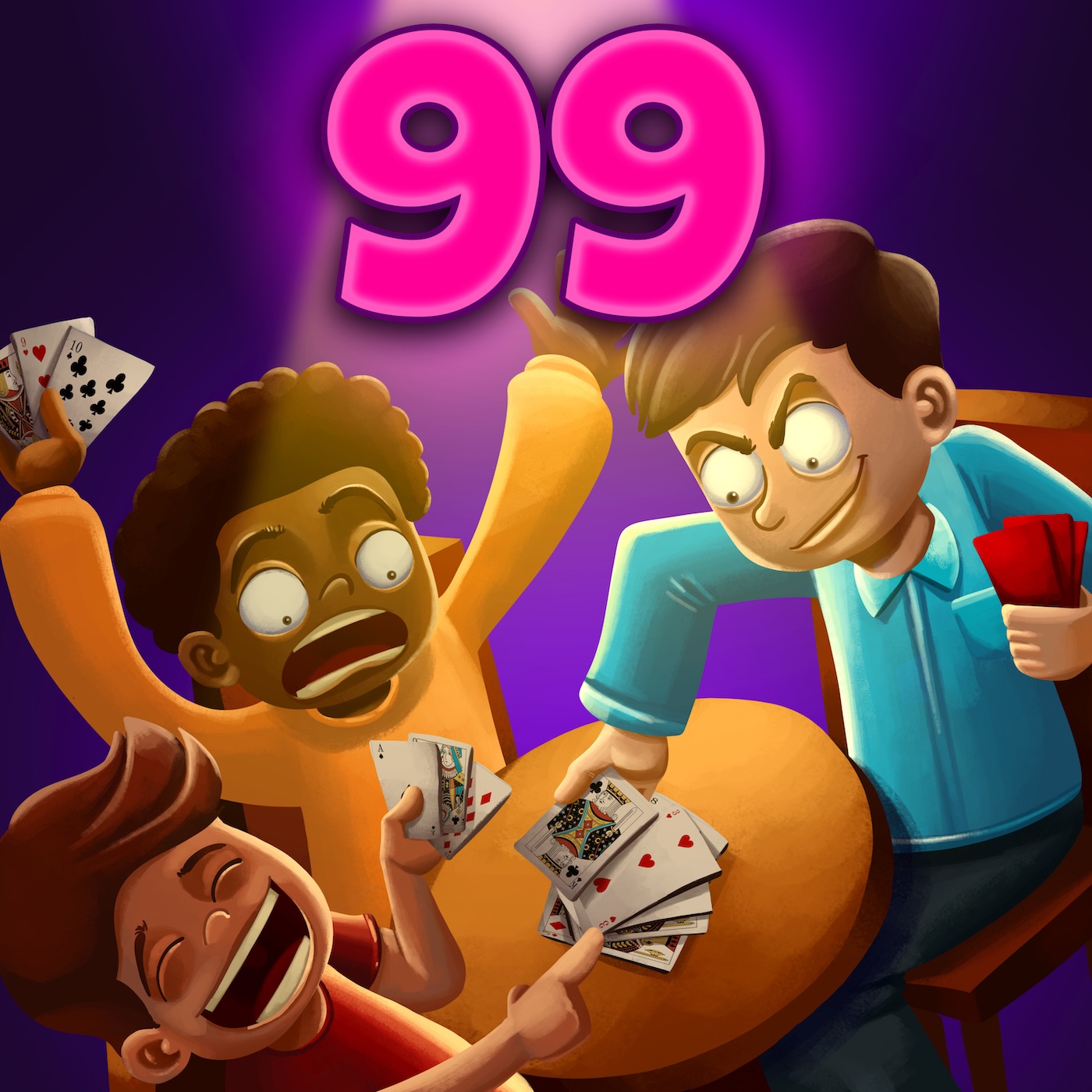Illustration of students playing Noventa y Nueve, a Spanish numbers card game.