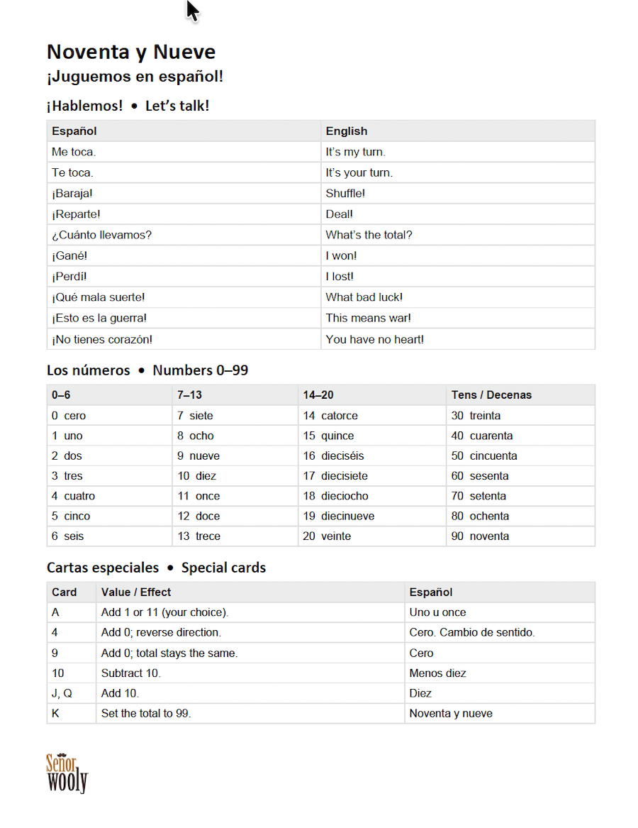 Preview of the free Noventa y Nueve student reference sheet, featuring conversational Spanish expressions and a numbers cheat sheet.